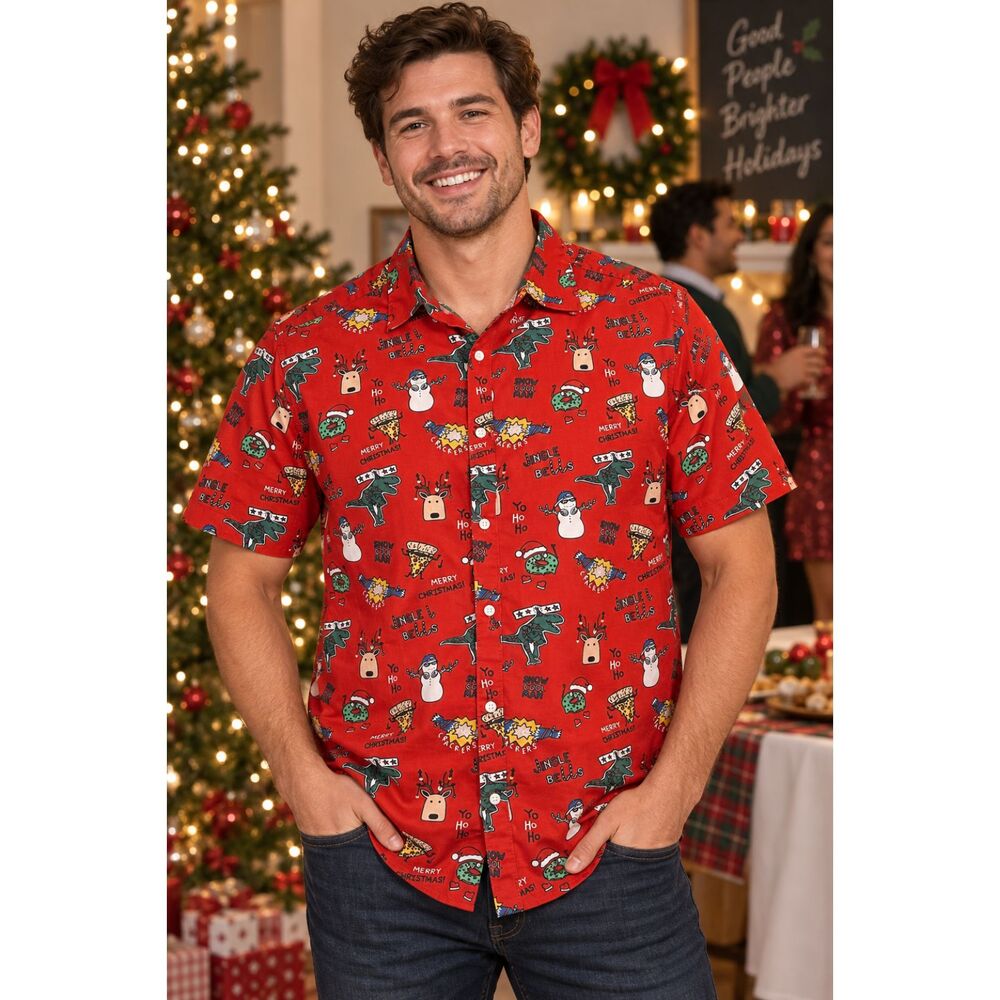 Denim and Flower Mens Sz L Red Christmas Reindeer Snowman Button Up Short Sleeve